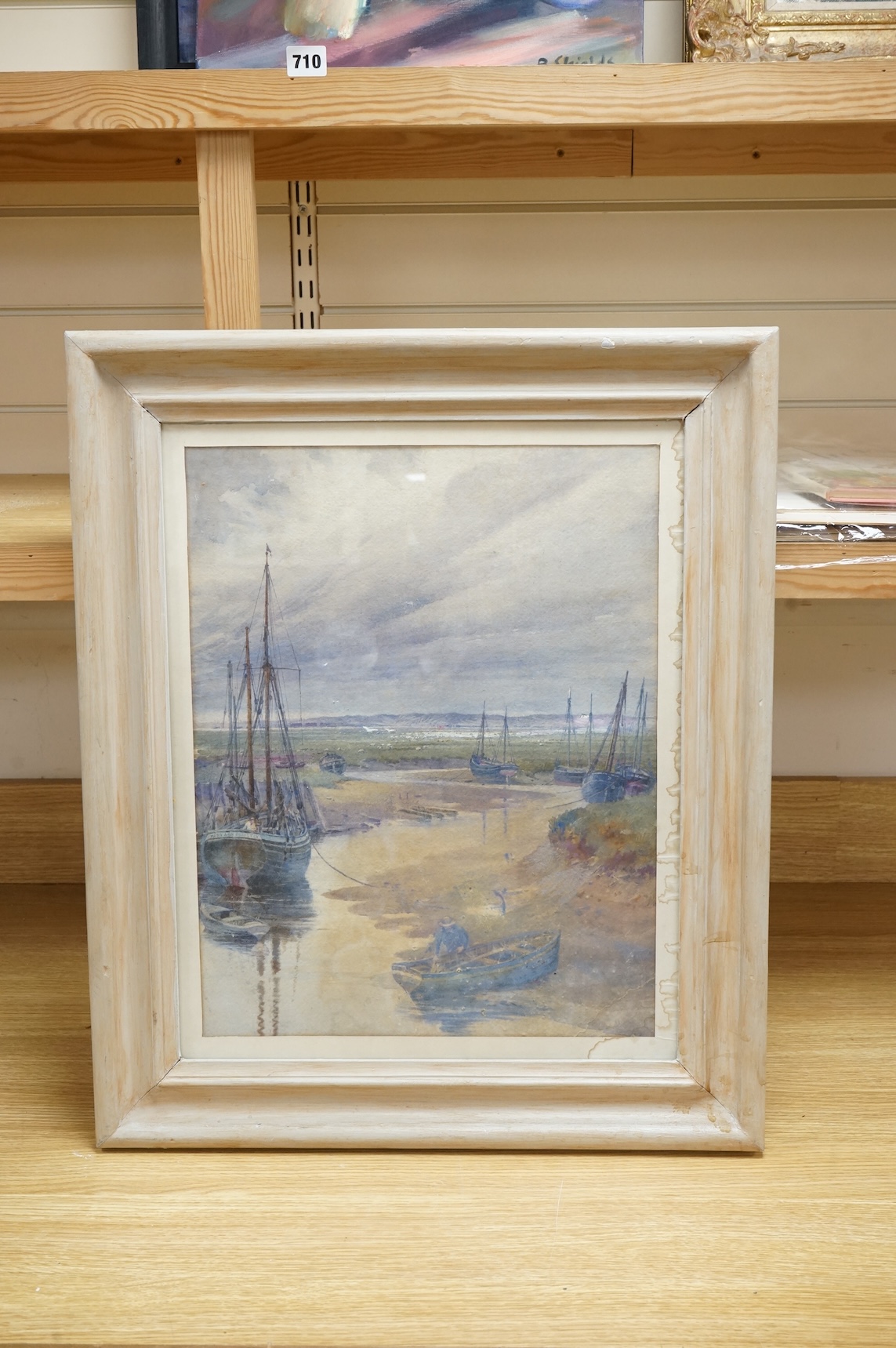20th century School, Riverscape with moored boats, Blakeney, Norfolk, watercolour, 46 x 35cm